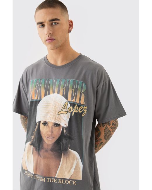 BoohooMAN Gray Oversized Jennifer Lopez License T-shirt for men
