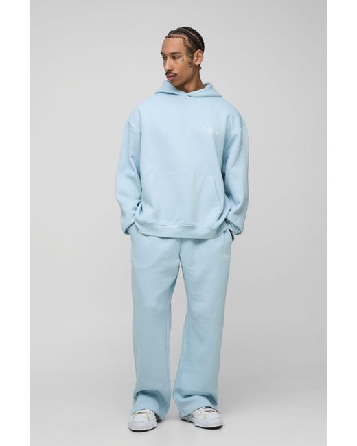 BoohooMAN Blue Oversized Script Hooded Split Hem Tracksuit for men