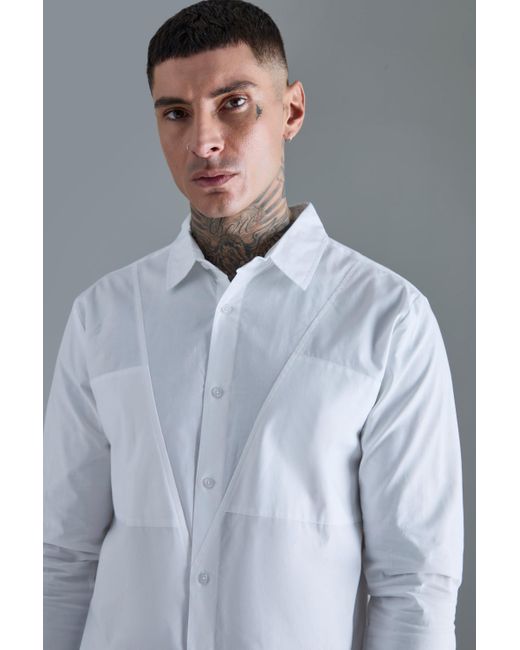 BoohooMAN Tall Longsleeve Drop Revere Poplin Panel Shirt in Gray für Herren