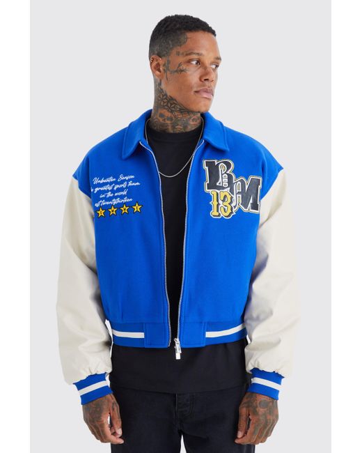 BoohooMAN Blue Boxy Melton & Pu Collared Varsity Jacket for men