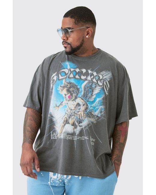 BoohooMAN Gray Plus Oversized Angel Acid Wash T-shirt In Grey for men
