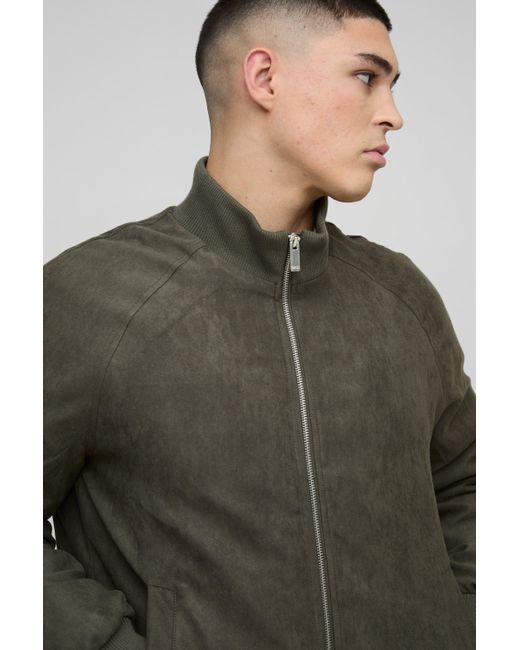 BoohooMAN Green Raglan Regular Fit Funnel Neck Faux Suede Bomber Jacket for men