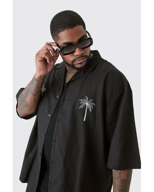 BoohooMAN Plus Linen Embroidered Drop Revere Shirt In Black for men
