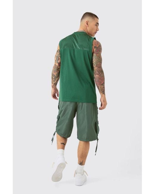 BoohooMAN Green Mesh And Satin Baseball Applique Vest for men