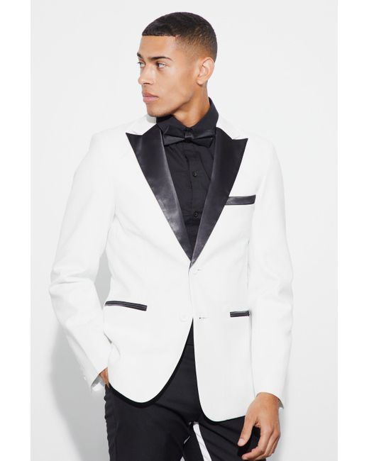 BoohooMAN White Satin Lapel Slim Fit Tuxedo Jacket for men