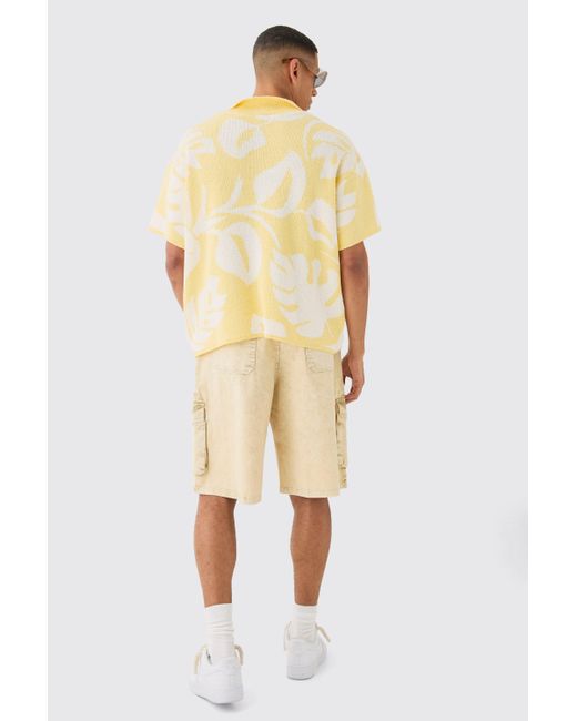 BoohooMAN Oversized Boxy Tonal Jacquard Floral Knit Polo in Yellow für Herren