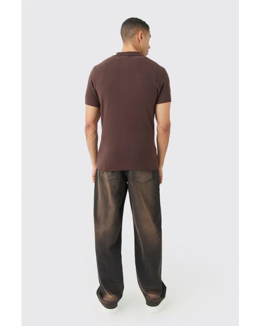 BoohooMAN Regular Fit Short Sleeve Knitted Shirt in Brown für Herren