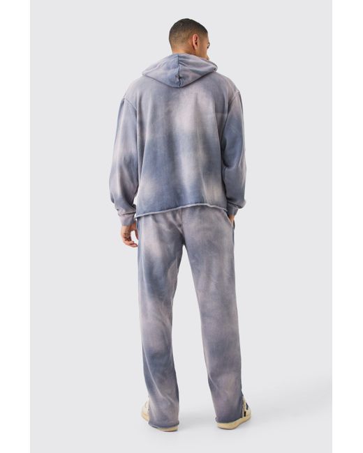 BoohooMAN Blue Embroidery Oversized Sun Bleached Wash Hooded Tracksuit for men