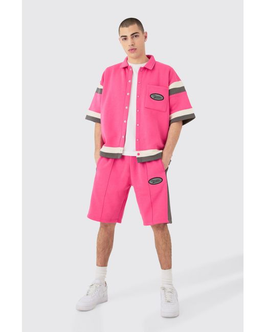 BoohooMAN Pink Boxy Fit Varsity Shirt Short Tracksuit for men