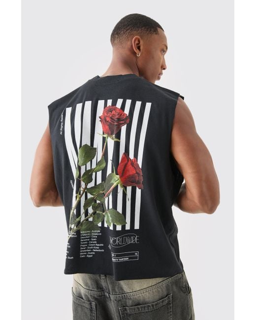 BoohooMAN White Oversized Boxy Rose Distressed Tank for men
