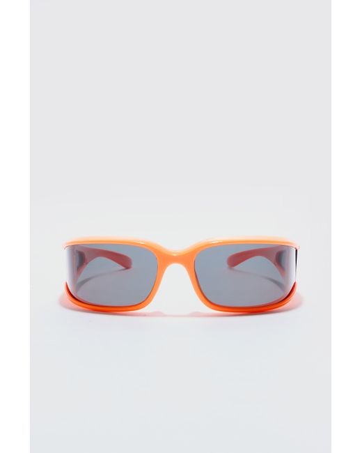 Boohoo White Wrap Around Rectangle Sunglasses In Orange