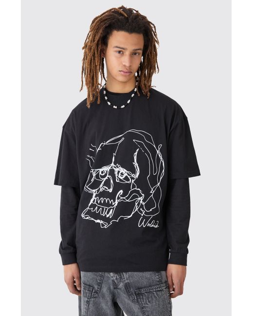 BoohooMAN Black Oversized Boxy Extended Neck Skull T-shirt for men