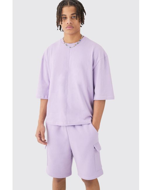 BoohooMAN Oversized Boxy Contrast Stitch Half Sleeve Tshirt & Cargo Set in Purple für Herren
