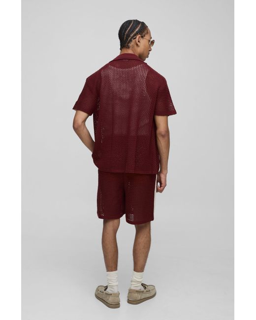 BoohooMAN Red Oversized Fit Revere Collar Stripe Side Knitted Short Polo Set for men