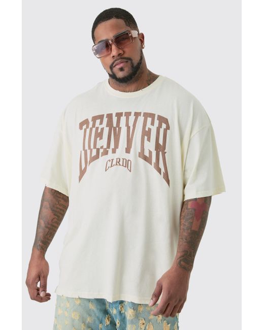 BoohooMAN Natural Plus Distressed Oversized Acid Wash Denver Varsity T-shirt for men