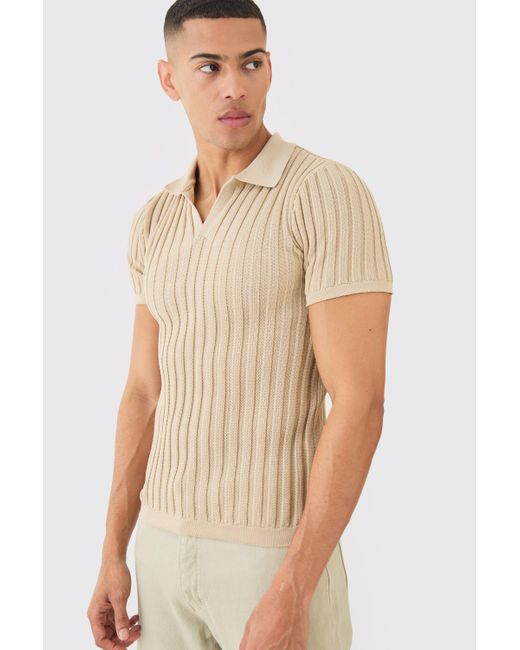 BoohooMAN Natural Muscle Fit Revere Ribbed Knit Polo for men
