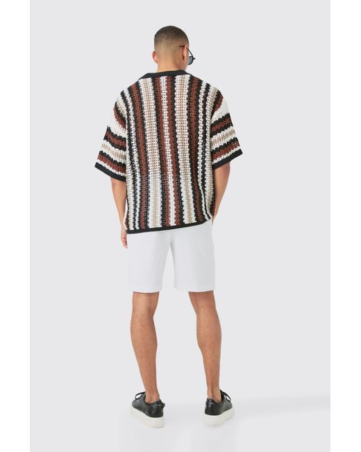 BoohooMAN White Oversized Open Stitch Deep Revere Stripe Knit Polo for men