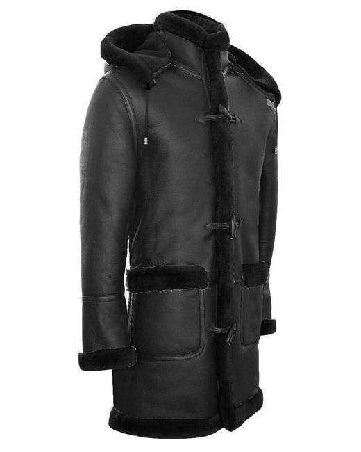 BoohooMAN Black Infinity Leather Winter Sheepskin Hooded Duffle Coat-helsinki for men