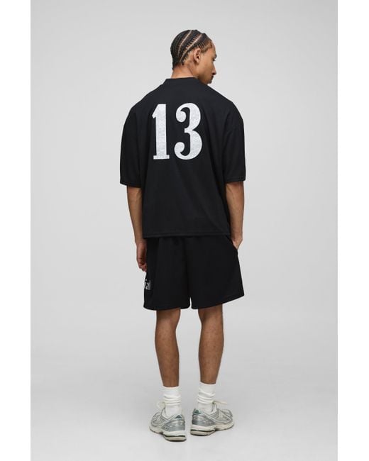 BoohooMAN Lockere Official Mesh-Shorts mit Spitzen-Applikation in Black für Herren