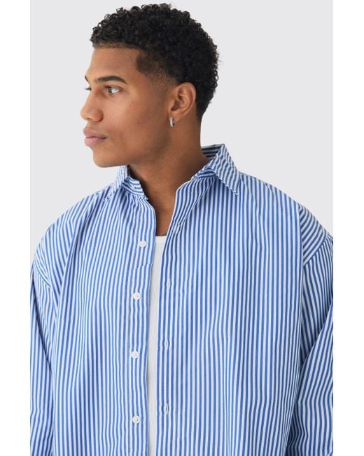 BoohooMAN Gestreiftes Oversize Hemd in Blau mit langen Ärmeln in Blue für Herren
