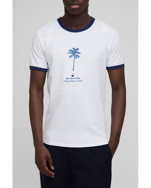 BoohooMAN White Regular Fit Line Drawing Palm Graphic Ringer T-shirt for men