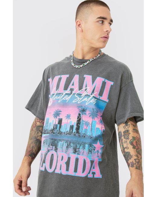 BoohooMAN Oversized Miami Florida Printed Wash T-shirt in Gray für Herren