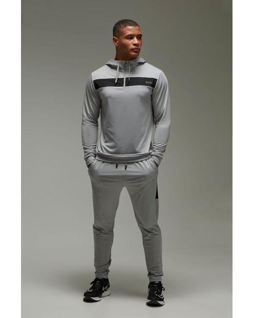 BoohooMAN Gray Active Slim Fit Colour Block Hooded Tracksuit for men