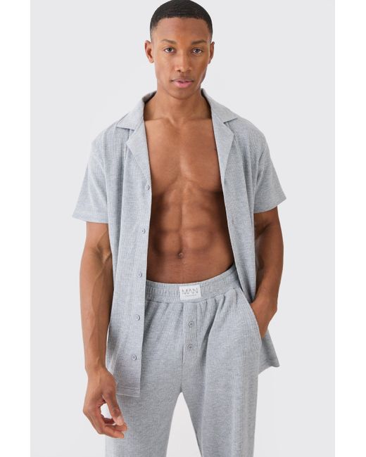 BoohooMAN White Waffle Lounge Shirt & Relaxed Bottom Set In Grey Marl for men