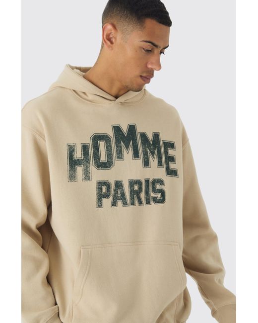 BoohooMAN Natural Oversized Homme Varsity Paris Graphic Hoodie for men