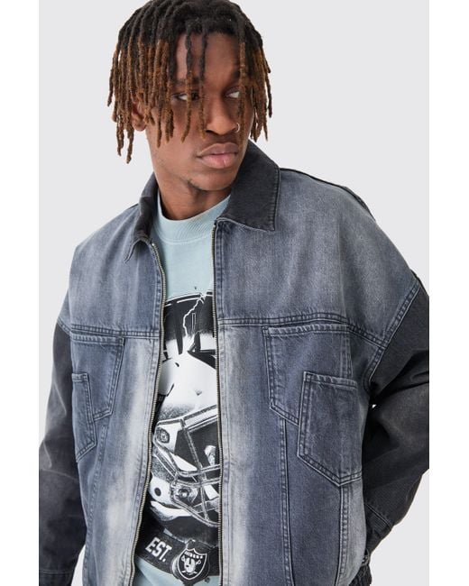 BoohooMAN Gray Nfl Raiders Oversized Zip Spliced Applique Denim Jacket for men