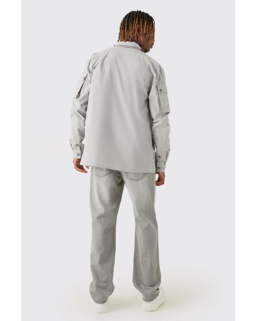 BoohooMAN Gray Tall Longsleeve Poplin Utility Pocket Shirt for men