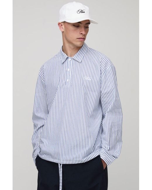 BoohooMAN White Oversized Long Sleeve Stripe Embroidered Bungee Rugby Shirt for men