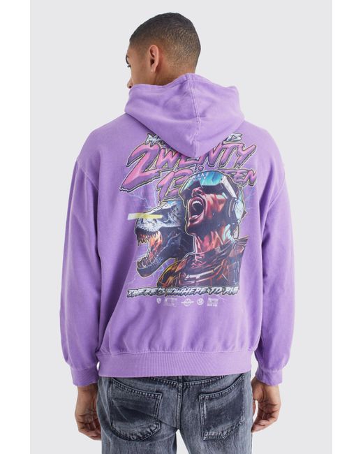 BoohooMAN Purple Oversized Overdye Graphic Hoodie for men