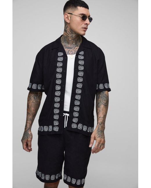 BoohooMAN Blue Tall Oversized Embroidery Linen Blend Shirt & Short Set for men