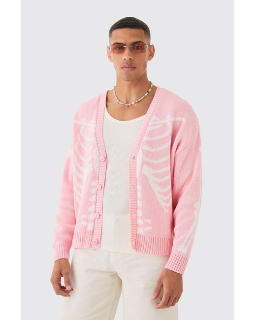 BoohooMAN Pink Boxy Oversized Skeleton Jacquard Cardigan for men