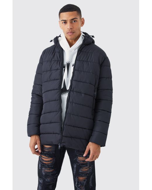BoohooMAN Blue Quilted Longline Puffer With Hood for men