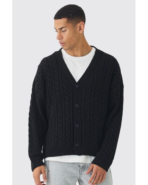 BoohooMAN Black Oversized Boxy Cable Knit Cardigan for men