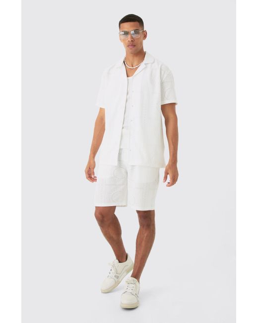 BoohooMAN Oversized Revere Stretch Broderie Shirt & Short Set in White für Herren