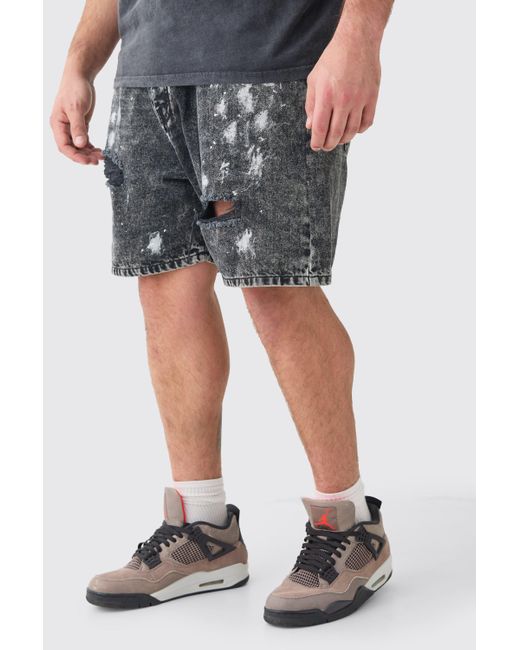 BoohooMAN Plus Washed Black Paint Splatter Relaxed Fit Denim Shorts for men