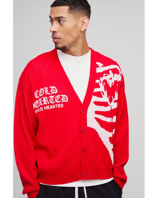 BoohooMAN Red Oversized Boxy Drop Shoulder Spliced Skeleton Printed Knitted Cardigan for men