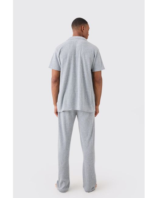 BoohooMAN White Waffle Lounge Shirt & Relaxed Bottom Set In Grey Marl for men