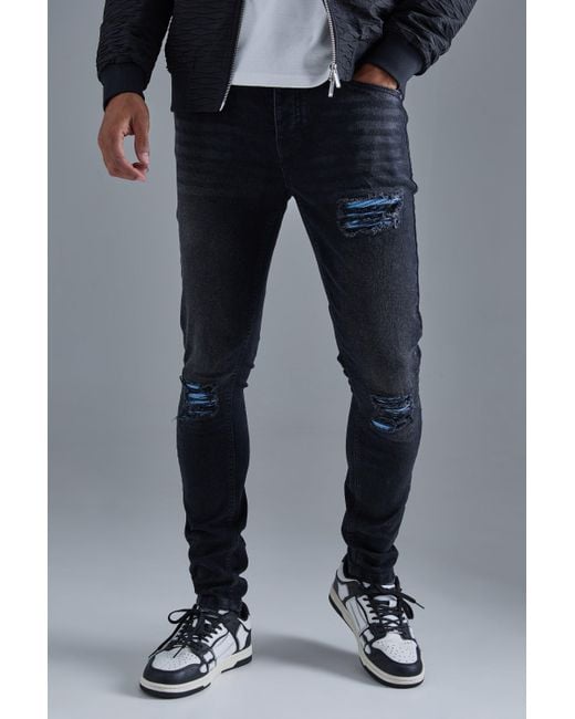 BoohooMAN Blue Skinny Stretch True Pu Biker Rip & Repair Jeans for men