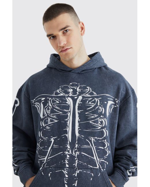 BoohooMAN Tall Oversized Acid Wash Skeleton Hoodie in Blue for Men