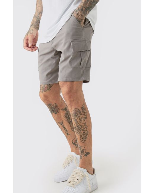 BoohooMAN Gray Tall Fixed Waist Grey Skinny Fit Cargo Shorts for men