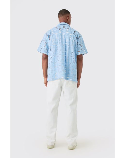 BoohooMAN Blue Boxy Floral Lace Shirt for men