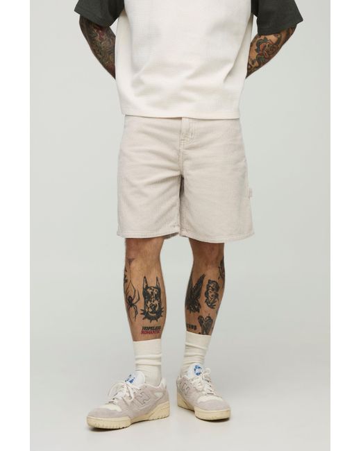BoohooMAN Lockere Cord-Shorts mit Acid-Waschung in Natural für Herren