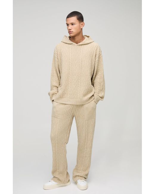 BoohooMAN Natural Oversized Boxy Boucle Mixed Cable Knitted Hooded Tracksuit for men