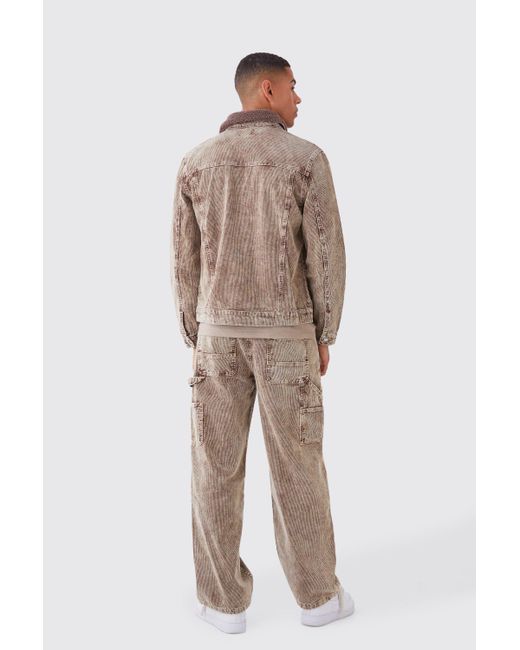 BoohooMAN Brown Baggy Rigid Acid Wash Cord Trousers In Chocolate for men
