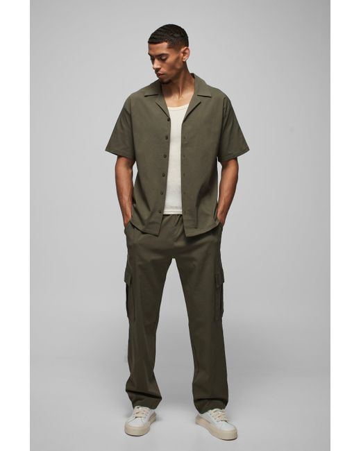 BoohooMAN Green Oversized Revere Bengaline Shirt & Cargo Pants Set for men