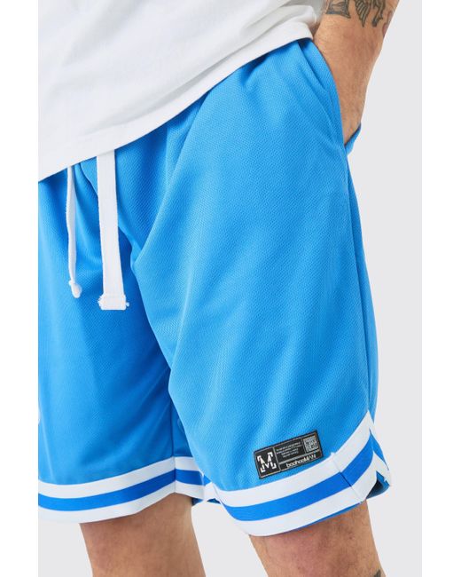 BoohooMAN Blue Basketball Mesh Tape Shorts With Woven Tab for men